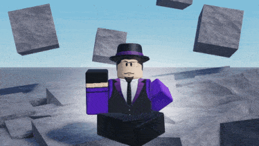 a man in a purple suit and top hat is surrounded by cubes