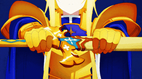 a cartoon character is holding a gold sword with a cross on it