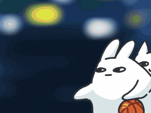 a cartoon drawing of a rabbit holding a basketball in its mouth