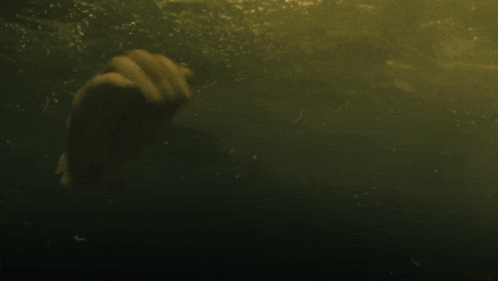 a man is swimming underwater holding a surfboard over his head