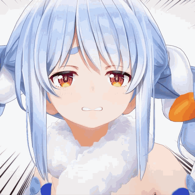 a close up of a anime character with blue hair