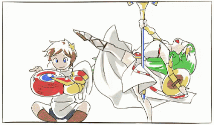 a drawing of a boy holding a red shield and a woman laying on the ground