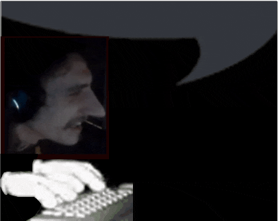 a man wearing headphones and a mustache is typing on a keyboard