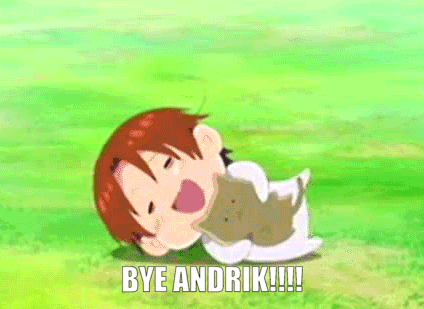 a cartoon character is laying on the grass with the words bye andrik !!!