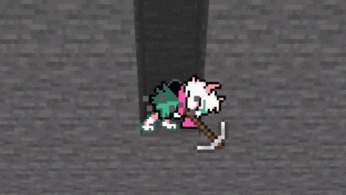 a cartoon character is holding a pickaxe in a cave