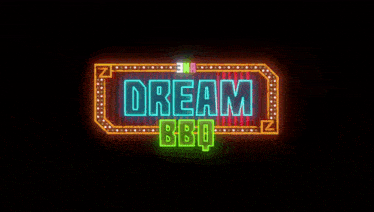 a neon sign that says dream bbq in front of fireworks