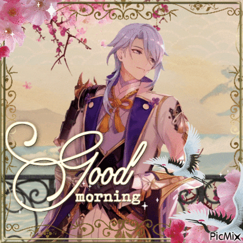 a picture of a man with a sword and the words " good morning "