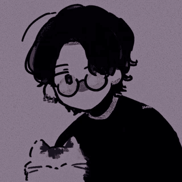 a cartoon drawing of a boy wearing glasses and a black shirt .