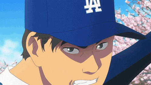 a man wearing a dodgers hat holds a bat