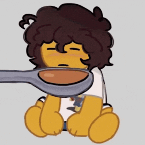 a cartoon character with curly hair is holding a spoon in his mouth