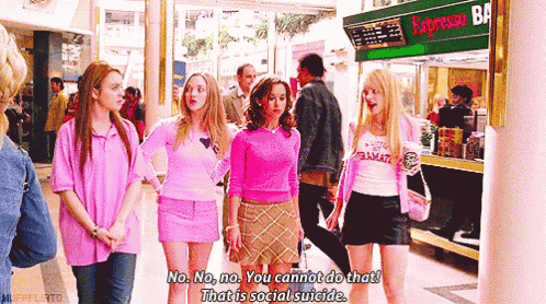 a group of girls are walking in a mall and one of them says no no no you cannot do that that is social suicide