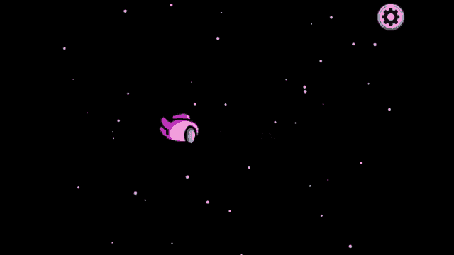a pink among us character is flying through the air in the space .