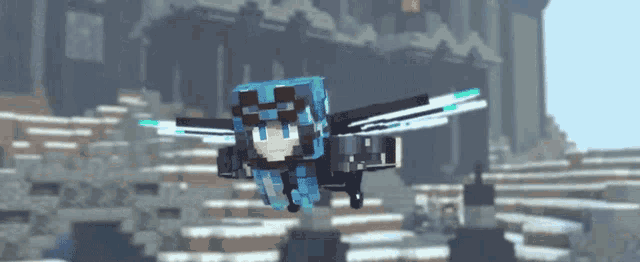 a minecraft character is flying through the air with a castle in the background