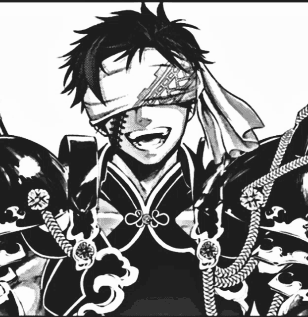 a black and white drawing of a man with a bandage on his eye