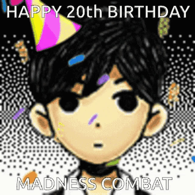 a pixel art of a boy wearing a party hat with the words happy 20th birthday madness combat on the bottom
