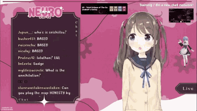 a screenshot of a video game called neuro shows a girl in a sailor suit