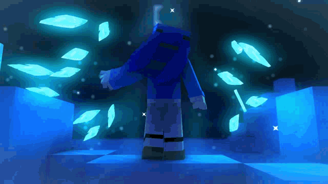 a cartoon character in a blue jacket is surrounded by blue blocks