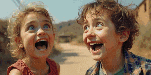 a boy and a girl are laughing with their mouths open and looking up at the sky .