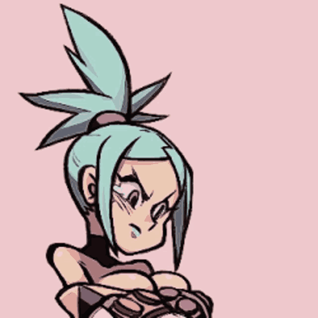 a cartoon drawing of a girl with blue hair and a ponytail