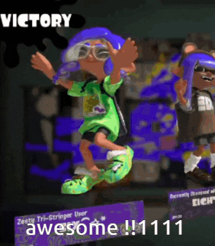a cartoon character is jumping in the air with the words " victory awesome !!! 111 " written on the bottom