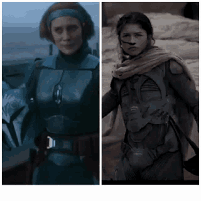 a collage of two pictures of a woman in armor and a woman in a scarf