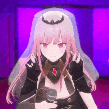 a girl with pink hair and red eyes is holding a microphone in her hand .
