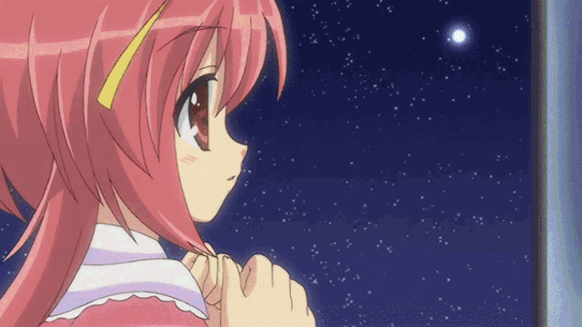 a girl with pink hair looks out a window at night