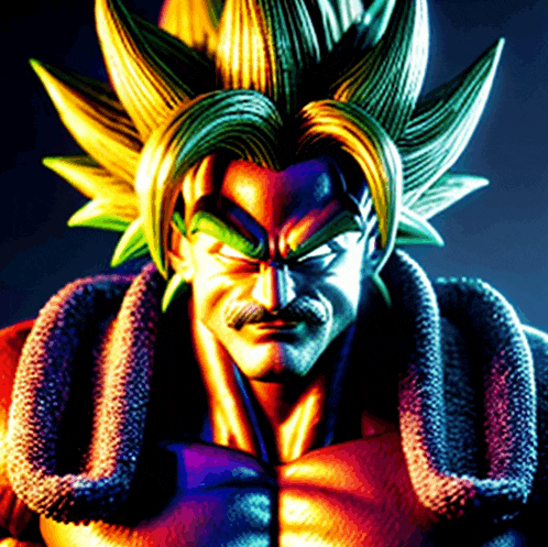a statue of a man with a snake around his neck and a rainbow haired head