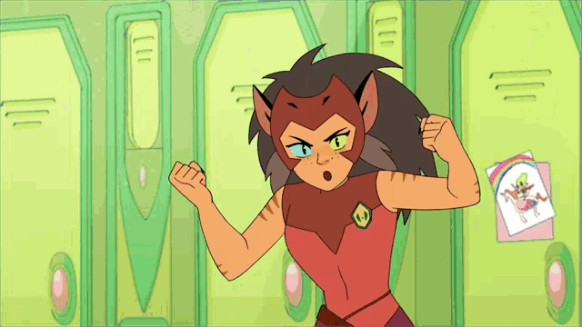 a cartoon character flexes her muscles in front of lockers