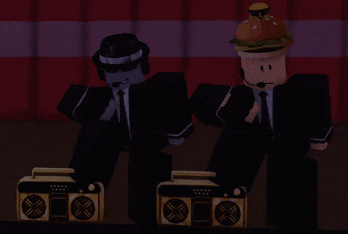 a cartoon character with a hamburger on his head stands next to another character