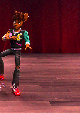 a cartoon character is standing on a wooden floor