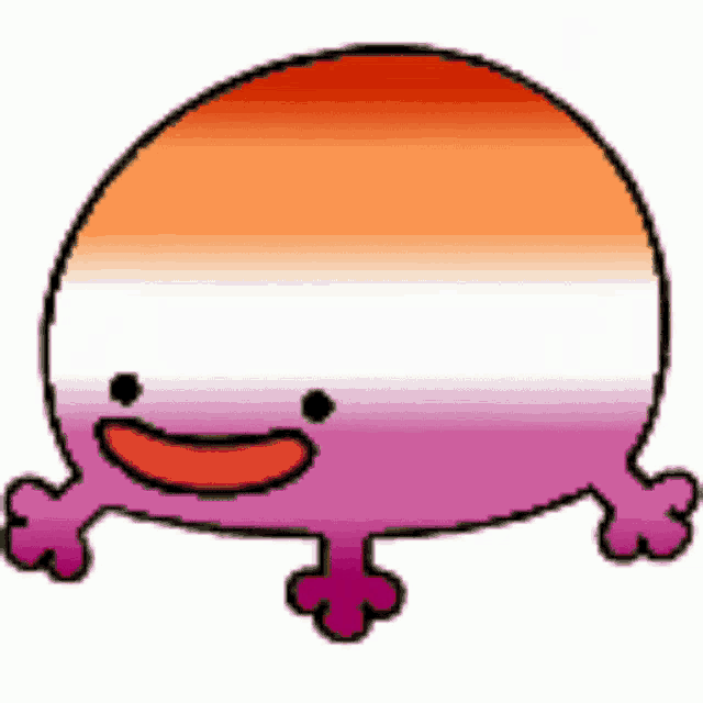 a cartoon frog with a red , white , and pink striped body and a smile on its face .