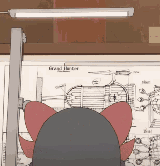 a drawing of a cat looking at a drawing of grand hunter