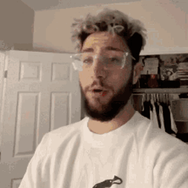 a man with a beard wearing glasses and a white shirt is making a funny face .