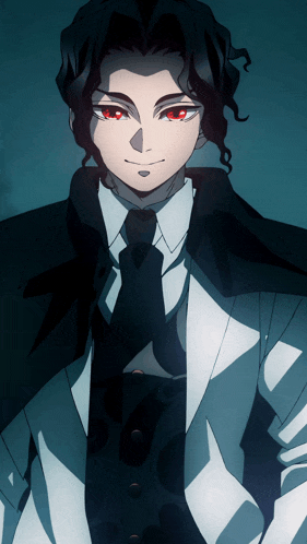 a man in a suit and tie with red eyes is smiling