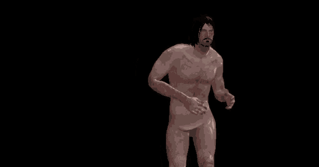 a shirtless man with a beard and mustache is standing in a dark room .
