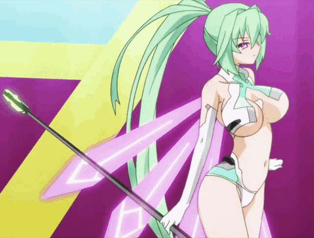 a girl with green hair is holding a stick with a green arrow on it