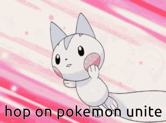 a cartoon of a squirrel holding a heart with the words hop on pokemon unite below it