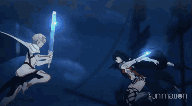 two anime characters are fighting and the words funimation are visible