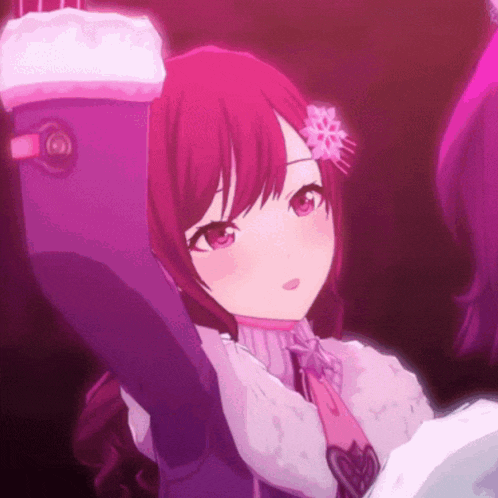 a girl with red hair and a flower in her hair is wearing purple gloves