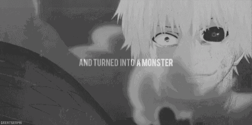 a black and white photo of a person with the words `` and turned into a monster '' on it .