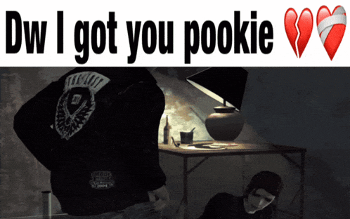 a man in a black jacket with the words dw i got you pookie on it