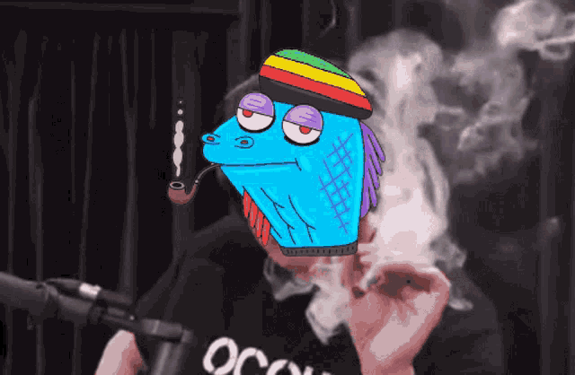 a cartoon of a fish smoking a pipe and wearing a rasta hat