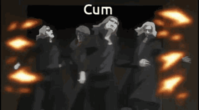 a group of men are standing in front of a fire and the word cum is on the bottom right