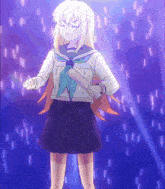 a girl in a sailor uniform is standing in front of a blue background