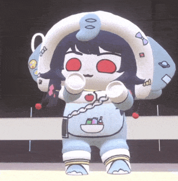 a cartoon character wearing a blue and white outfit is holding a cup