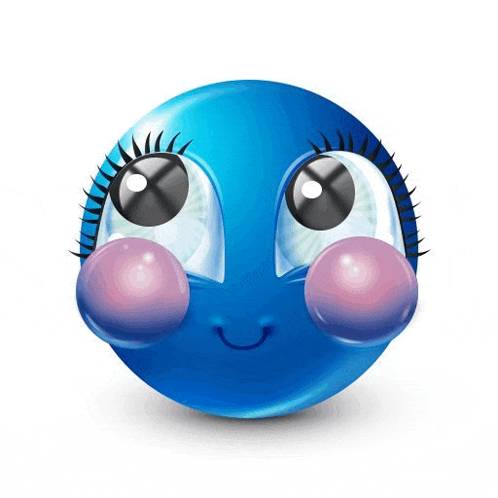 a blue smiley face with big eyes and a bubble in its mouth