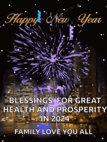 a happy new year greeting card with fireworks and the words `` blessings for great health and prosperity in 2024 family love you all '' .