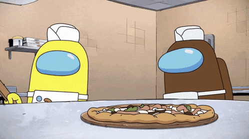 two among us characters are preparing a pizza in a kitchen