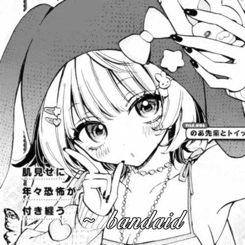 a black and white drawing of a girl with bandaid written on the bottom right